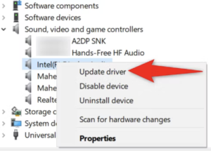 a picture showing a button to update audio driver