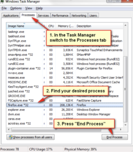 a picture showing steps to end a process or software using task manager